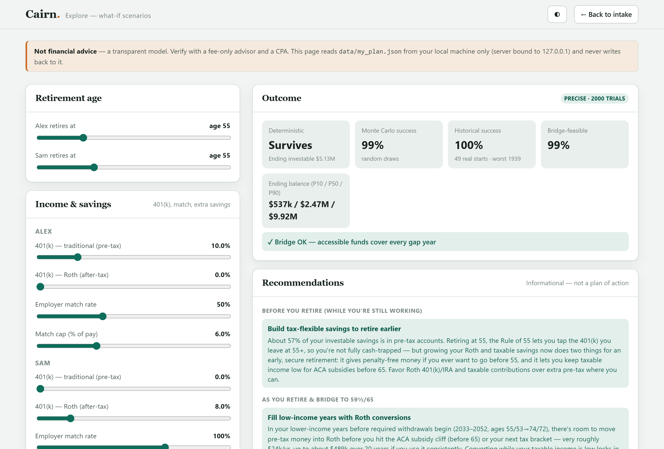 Cairn's Explore screen: a year-by-year projection of an early-retirement plan with feasibility odds, the bridge years highlighted before age 59½, and sliders for adjusting the plan.