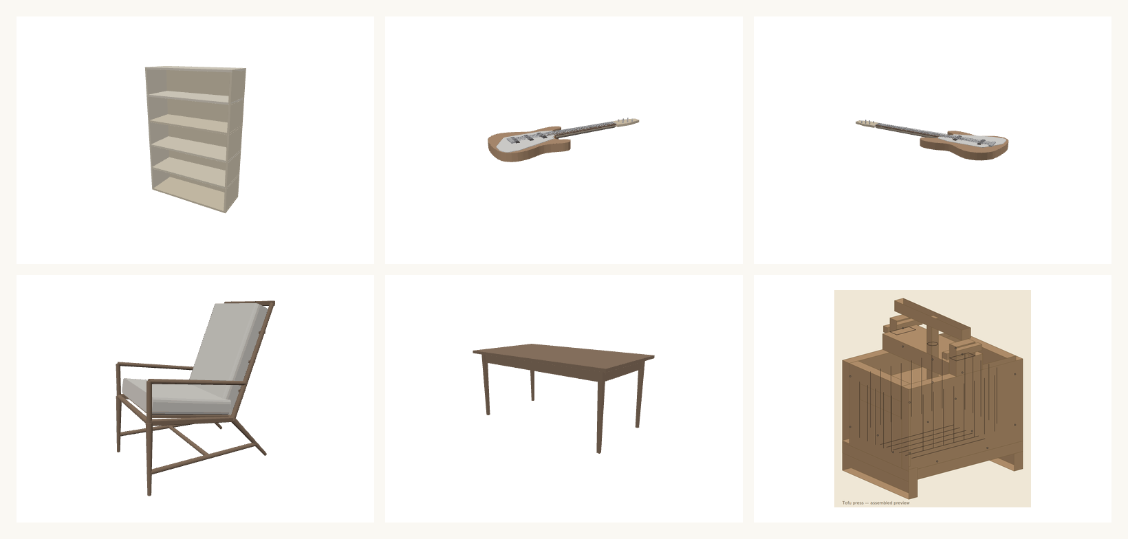 A gallery of 3D models rendered by the tool: a flat-pack bookcase, an electric guitar, a bass, a solid-hardwood lounge chair, a hardwood dining table, and a functional bridge-screw tofu press.